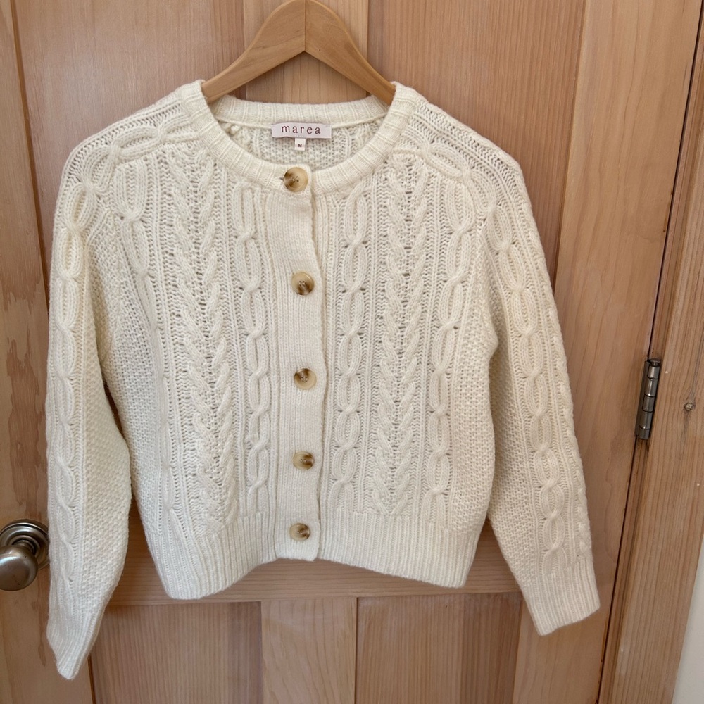 Marea Classic Cable Cardigan in Ivory. Size Medium